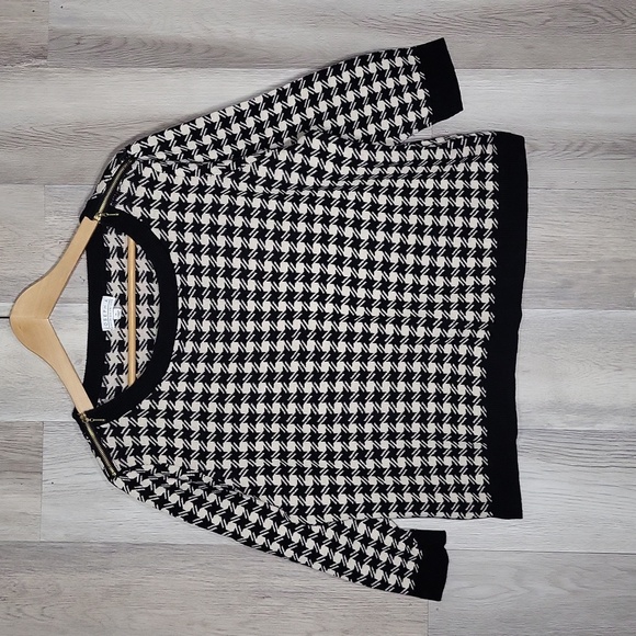 🛍Joseph A Womens‎ XL Cream Black Houndstooth 3/4 Sleeve Shoulder Zip Sweater - Picture 1 of 7